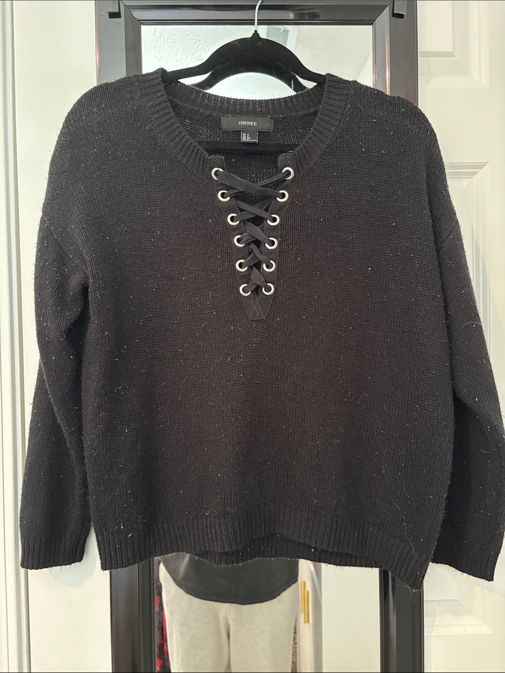 Forever 21 Black Lace-Up V-Neck Knit Sweater